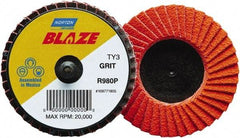 Norton - 120 Grit, 3" Disc Diam, Type 27 Ceramic Alumina Flap Disc - 30,000 Max RPM, Fiberglass Backing, Quick Change Type R Attaching System, Coated - Eagle Tool & Supply