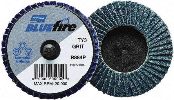 Norton - 40 Grit, 2" Disc Diam, Type 27 Zirconia Alumina Flap Disc - 30,000 Max RPM, Fiberglass Backing, Quick Change Type R Attaching System, Coated - Eagle Tool & Supply