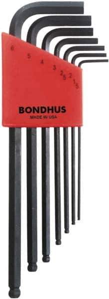 Bondhus - 7 Piece L-Key Ball End Hex Key Set - Hex Range 1.5 to 6mm, 8-3/4" OAL, Protanium High Torque Steel - Eagle Tool & Supply