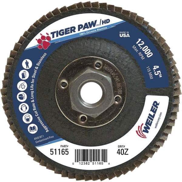 Weiler - 40 Grit, 4-1/2" Disc Diam, 5/8-11 Center Hole, Type 27 Zirconia Alumina Flap Disc - 12,000 Max RPM, Phenolic Backing, Arbor Attaching System, Coated - Eagle Tool & Supply