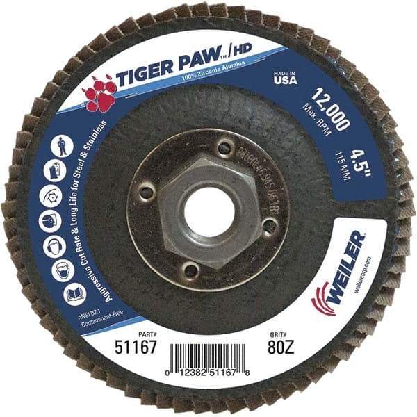 Weiler - 80 Grit, 4-1/2" Disc Diam, 5/8-11 Center Hole, Type 27 Zirconia Alumina Flap Disc - 12,000 Max RPM, Phenolic Backing, Arbor Attaching System, Coated - Eagle Tool & Supply