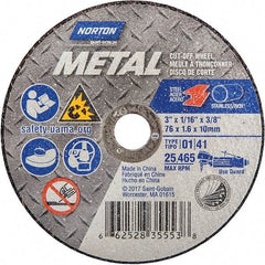 Norton - 3" 36 Grit Aluminum Oxide Cutoff Wheel - 1/16" Thick, 3/8" Arbor, 25,465 Max RPM, Use with Straight Shaft Grinder - Eagle Tool & Supply