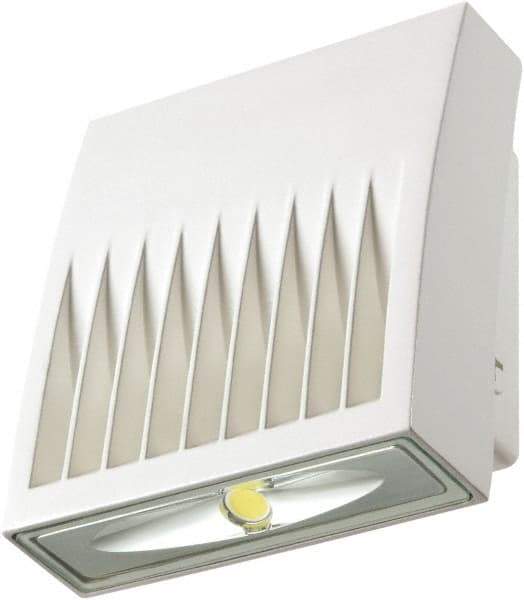 Cooper Lighting - 7 Watt, 734 Lumen, 5,000°K, 120 Volt, LED Wall Pack Light Fixture - Clear Glass Lens, Aluminum Housing, White, Wall Mount, 3-5/8" Deep x 6-3/4" High x 5-3/4" Wide - Eagle Tool & Supply