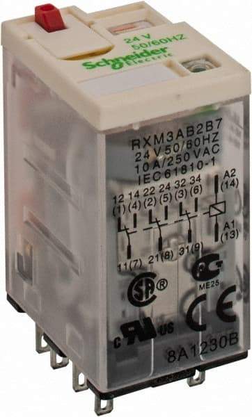 Square D - 11 Pins, 1.2 VA Power Rating, Ice Cube Electromechanical Plug-in General Purpose Relay - 10 Amp at 277 VAC, 3PDT, 24 VAC, 21mm Wide x 40mm High x 27mm Deep - Eagle Tool & Supply