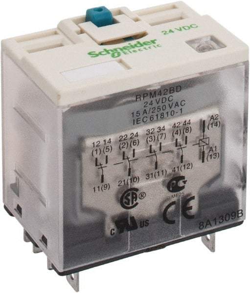 Square D - 14 Pins, Ice Cube Electromechanical Plug-in General Purpose Relay - 15 Amp at 277 V, 4PDT, 24 VDC, 41mm Wide x 39mm High x 27mm Deep - Eagle Tool & Supply