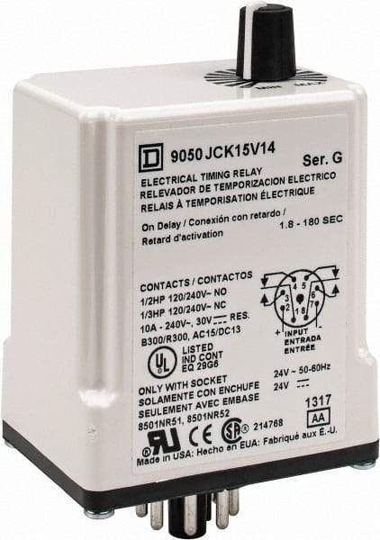 Square D - 8 Pin, 3 min Delay, DPDT Time Delay Relay - 10 Contact Amp, 24 VAC/VDC - Eagle Tool & Supply