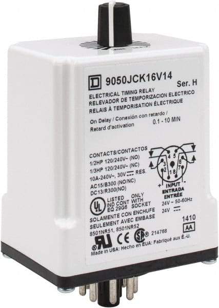 Square D - 8 Pin, 10 min Delay, DPDT Time Delay Relay - 10 Contact Amp, 24 VAC/VDC - Eagle Tool & Supply