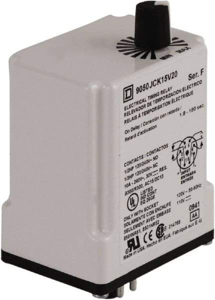 Square D - 8 Pin, 3 min Delay, DPDT Time Delay Relay - 10 Contact Amp, 110 VDC & 120 VAC - Eagle Tool & Supply