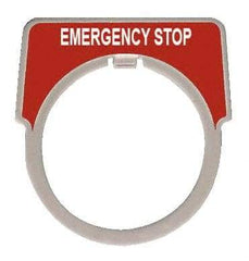 Square D - Round, Aluminum Legend Plate - Emergency Stop - Red Background, White Letters, 1.18 Inch Hole Diameter - Eagle Tool & Supply