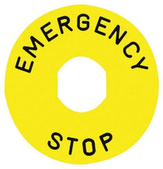 Square D - Round, Legend Plate - Emergency Stop - Yellow Background, White Letters, 90mm Wide x 90mm Overall Diameter - Eagle Tool & Supply