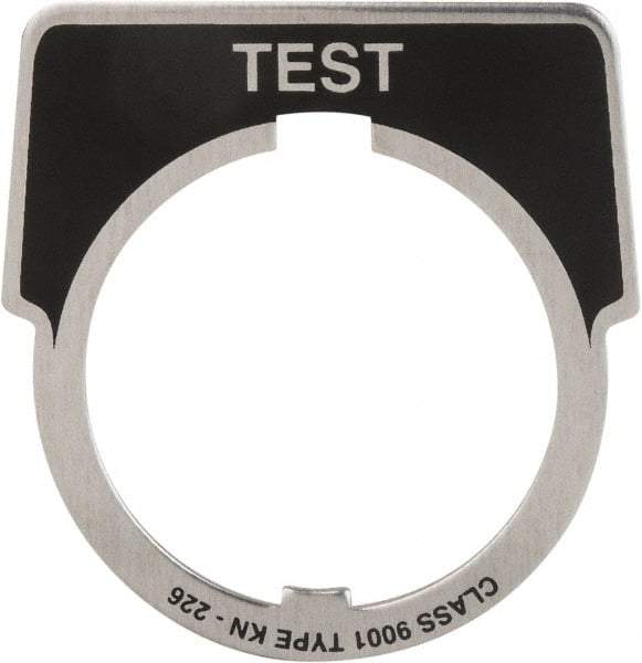 Square D - Metal Legend Plate - Test - Black Background, White Letters, 30mm Hole Diameter - Eagle Tool & Supply