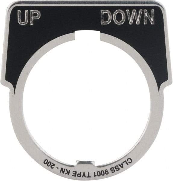 Square D - Metal Legend Plate - Up-Down - Black Background, White Letters, 30mm Hole Diameter - Eagle Tool & Supply