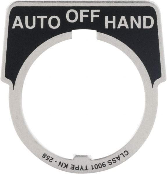 Square D - Metal Legend Plate - Auto-Off-Hand - Black Background, White Letters, 30mm Hole Diameter - Eagle Tool & Supply