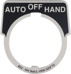 Square D - Metal Legend Plate - Auto-Off-Hand - Black Background, White Letters, 30mm Hole Diameter - Eagle Tool & Supply