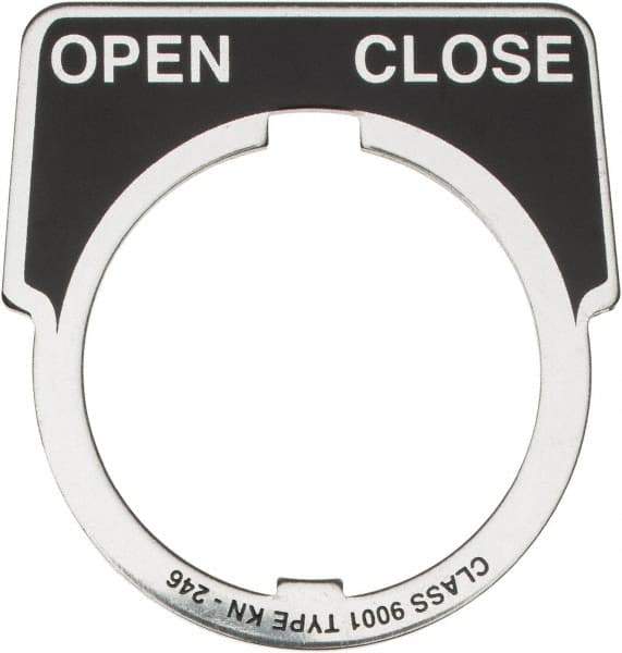 Square D - Half Round, Aluminum Legend Plate - Open-Close - Black Background, White Letters, 1.18 Inch Hole Diameter - Eagle Tool & Supply