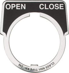 Square D - Half Round, Aluminum Legend Plate - Open-Close - Black Background, White Letters, 1.18 Inch Hole Diameter - Eagle Tool & Supply