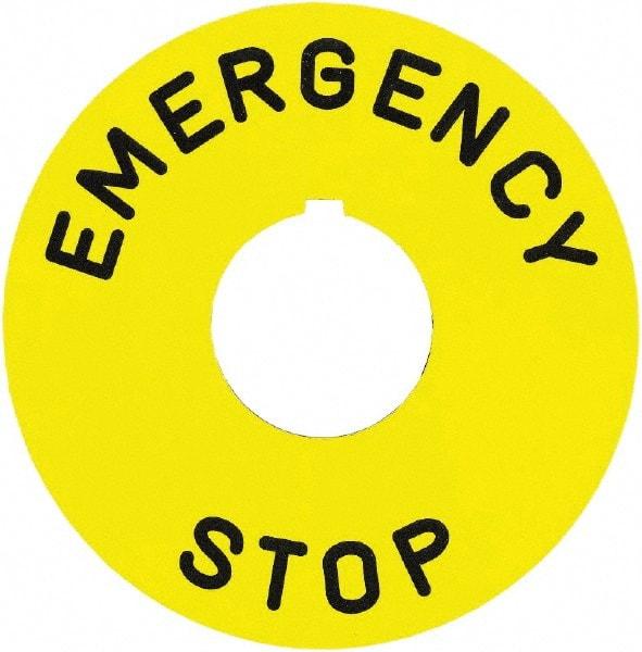 Square D - Round, Plastic Legend Plate - Emergency Stop - Yellow Background, Black Letters, 30mm Hole Diameter, 90mm Overall Diameter - Eagle Tool & Supply