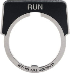 Square D - Metal Legend Plate - Run - Black Background, White Letters, 30mm Hole Diameter - Eagle Tool & Supply