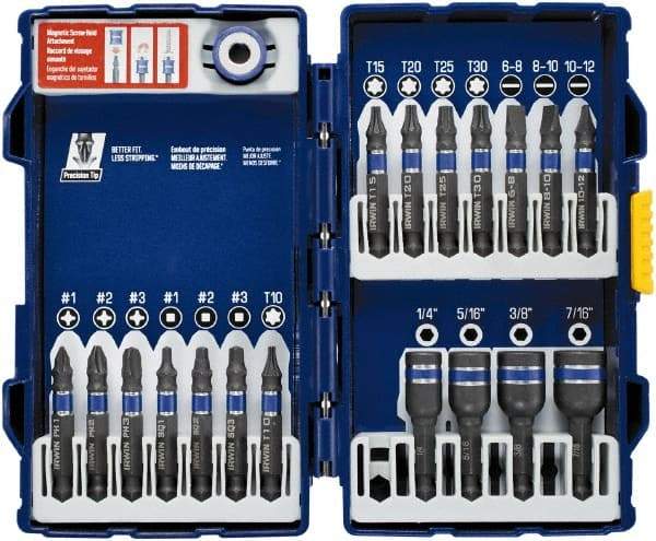 Irwin - 19 Piece, Phillips, Square, Torx, Slotted, Hex Nutsetter Handle, Drive Set - 1/4 to 7/16" Hex, #1 to #3 - Eagle Tool & Supply