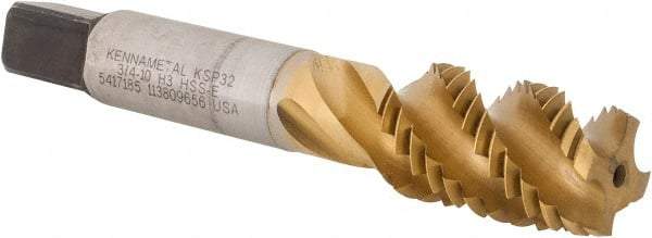 Kennametal - 3/4-10 4 Flute Modified Bottoming Spiral Flute Tap - Vanadium High Speed Steel, TiCN/TiN Finish, 4-1/4" OAL, Right Hand Flute, Right Hand Thread, H3, Series GOtap\xAE - Eagle Tool & Supply