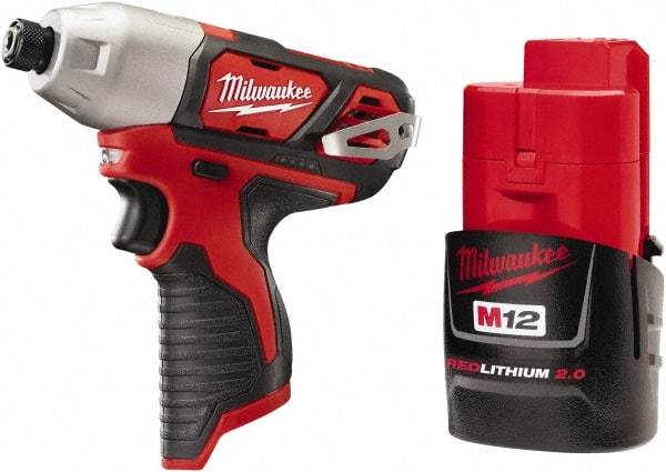 Milwaukee Tool - 12 Volt, 1/4" Drive, 1,000 In/Lb Torque, Cordless Impact Driver - Pistol Grip Handle, 2500 RPM, 1 Lithium-Ion Battery Included - Eagle Tool & Supply