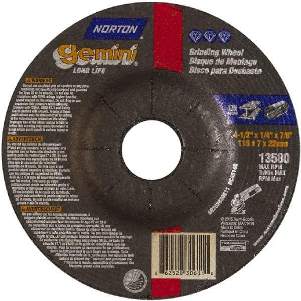 Norton - 4-1/2" Wheel Diam, 1/4" Wheel Thickness, 7/8" Arbor Hole, Type 27 Depressed Center Wheel - Aluminum Oxide - Eagle Tool & Supply