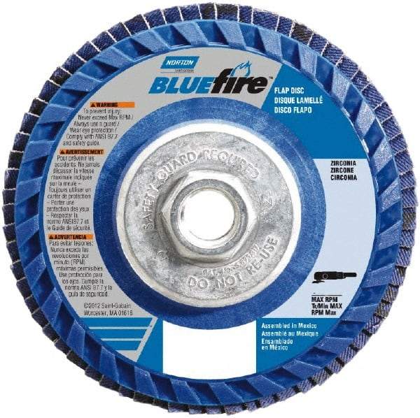 Norton - 36 Grit, 4-1/2" Disc Diam, 5/8-11 Center Hole, Type 27 Zirconia Alumina Flap Disc - 13,300 Max RPM, Plastic Backing, Arbor Attaching System, Coated - Eagle Tool & Supply