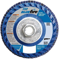 Norton - 36 Grit, 4-1/2" Disc Diam, 5/8-11 Center Hole, Type 27 Zirconia Alumina Flap Disc - 13,300 Max RPM, Plastic Backing, Arbor Attaching System, Coated - Eagle Tool & Supply