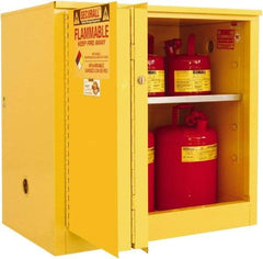 Securall Cabinets - 2 Door, 1 Shelf, Yellow Steel Standard Safety Cabinet for Flammable and Combustible Liquids - 35" High x 36" Wide x 24" Deep, Sliding Door, 3 Point Key Lock, 30 Gal Capacity - Eagle Tool & Supply