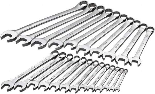 SK - 23 Piece, 8mm to 32mm, 12 Point Combination Wrench Set - Metric Measurement Standard, Chrome Finish, Comes in Rack - Eagle Tool & Supply