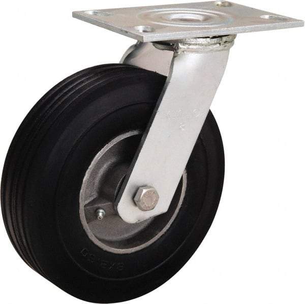 Hamilton - 8" Diam x 2" Wide, Rubber Swivel Caster - 500 Lb Capacity, Top Plate Mount, 4-1/2" x 6-1/4" Plate, Straight Roller Bearing - Eagle Tool & Supply