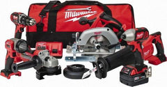 Milwaukee Tool - 18 Volt Cordless Tool Combination Kit - Includes 1/2" Hammer Drill Driver, 1/4" Impact Driver, 1-Hour Charger, Circular Saw, Contractor Bag, Cut-Off Grinder, Reciprocating Saw, Sawzall Blade & Work Light, Lithium-Ion Battery Included - Eagle Tool & Supply