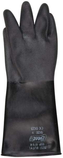 SHOWA - Size L (9), 14" Long, 25 mil Thick, Butyl Chemical Resistant Gloves - Textured Finish, Rolled Cuff, ANSI Abrasion Level 0, ANSI Cut Level 0, ANSI Puncture Level 0, Black - Eagle Tool & Supply