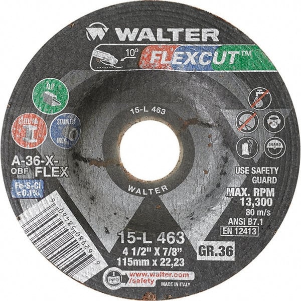 WALTER Surface Technologies - 4-1/2" Diam x 7/8" Hole, 36 Grit Surface Grinding Wheel - Eagle Tool & Supply