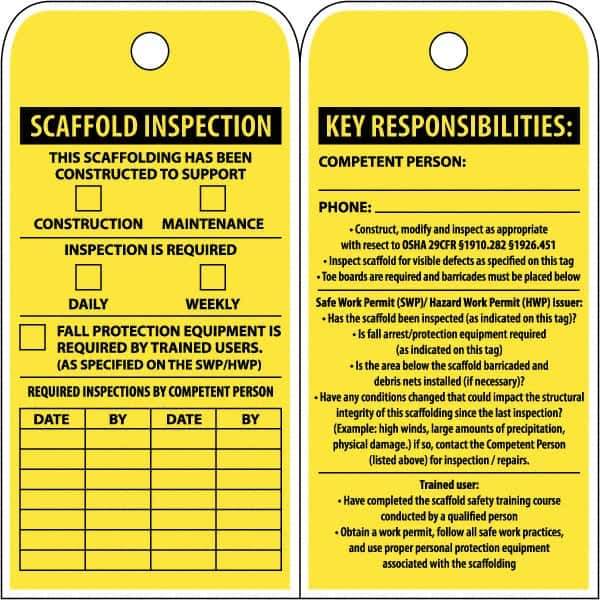 NMC - 3" High x 6" Long, SCAFFOLD INSPECTION, English Safety & Facility Inspection Tag - Tag Header: Notice, 2 Sides, Yellow Poly - Eagle Tool & Supply