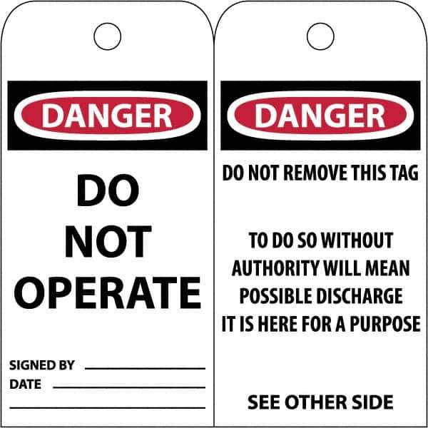 NMC - 3" High x 6" Long, DANGER \x96 DO NOT OPERATE, English Safety & Facility Accident Prevention Tag - Tag Header: Danger, 2 Sides, White Poly - Eagle Tool & Supply