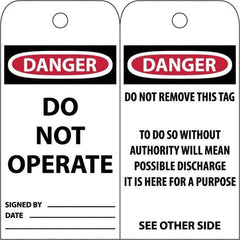 NMC - 3" High x 6" Long, DANGER \x96 DO NOT OPERATE, English Safety & Facility Accident Prevention Tag - Tag Header: Danger, 2 Sides, White Poly - Eagle Tool & Supply