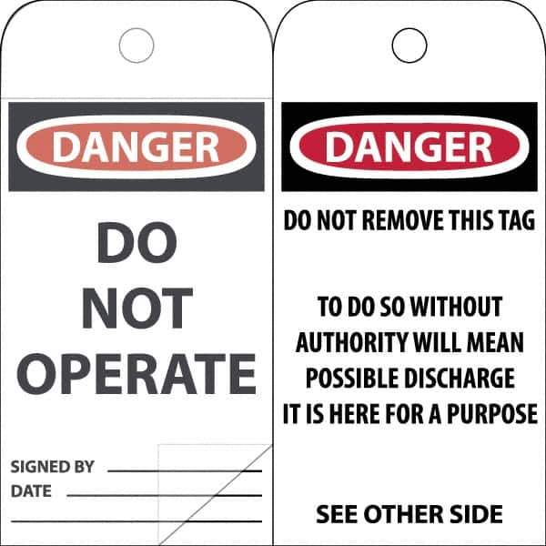 NMC - 3" High x 6" Long, DANGER \x96 DO NOT OPERATE, English Safety & Facility Accident Prevention Tag - Tag Header: Danger, 2 Sides, White Poly - Eagle Tool & Supply