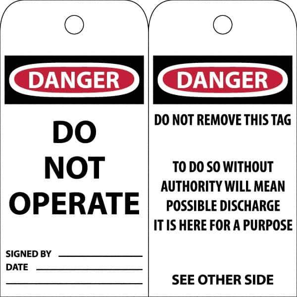 NMC - 3" High x 6" Long, DANGER \x96 DO NOT OPERATE, English Safety & Facility Accident Prevention Tag - Tag Header: Danger, 2 Sides, White Poly - Eagle Tool & Supply