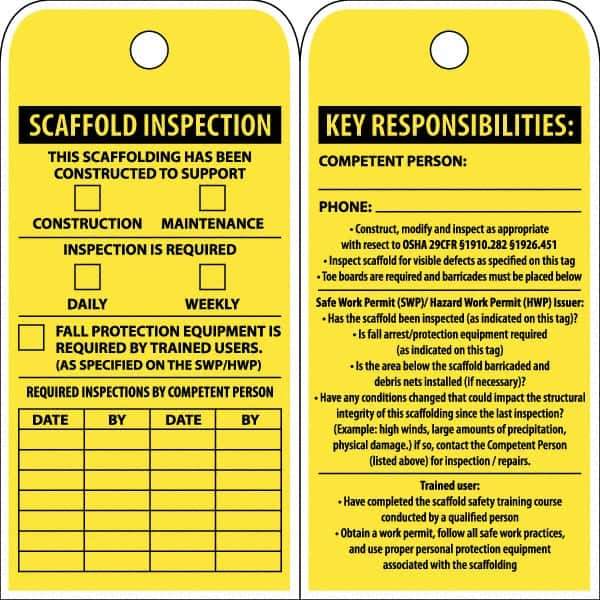 NMC - 3" High x 6" Long, SCAFFOLD INSPECTION, English Safety & Facility Inspection Tag - Tag Header: Notice, 2 Sides, Yellow Poly - Eagle Tool & Supply
