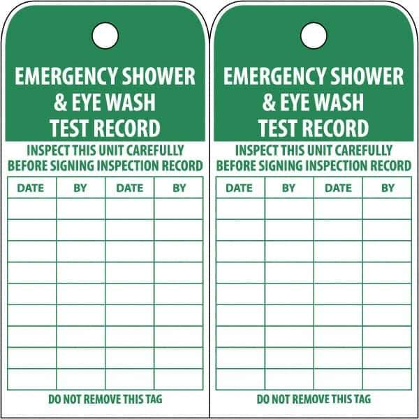NMC - 3" High x 6" Long, EMERGENCY SHOWER & EYE WASH TEST RECORD, English Safety & Facility Accident Prevention Tag - Tag Header: Danger, 2 Sides, White Poly - Eagle Tool & Supply