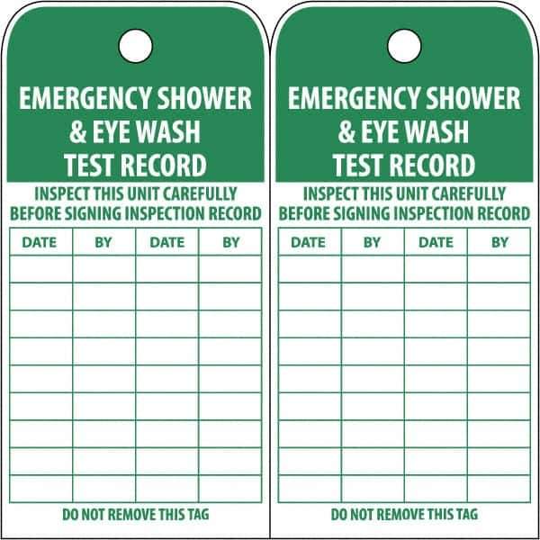 NMC - 3" High x 6" Long, EMERGENCY SHOWER & EYE WASH TEST RECORD, English Safety & Facility Accident Prevention Tag - Tag Header: Danger, 2 Sides, White Poly - Eagle Tool & Supply