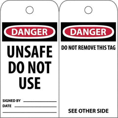 NMC - 3" High x 6" Long, DANGER \x96 UNSAFE DO NOT USE, English Safety & Facility Accident Prevention Tag - Tag Header: Danger, 2 Sides, White Poly - Eagle Tool & Supply