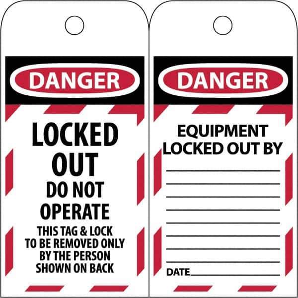 NMC - 3" High x 6" Long, LOCKED OUT - DO NOT OPERATE, English Safety & Facility Lockout Tag - Tag Header: Danger, 2 Sides, Black & Red Poly - Eagle Tool & Supply