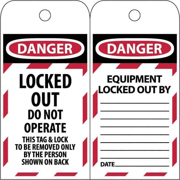 NMC - 3" High x 6" Long, LOCKED OUT - DO NOT OPERATE, English Safety & Facility Lockout Tag - Tag Header: Danger, 2 Sides, Black & Red Poly - Eagle Tool & Supply