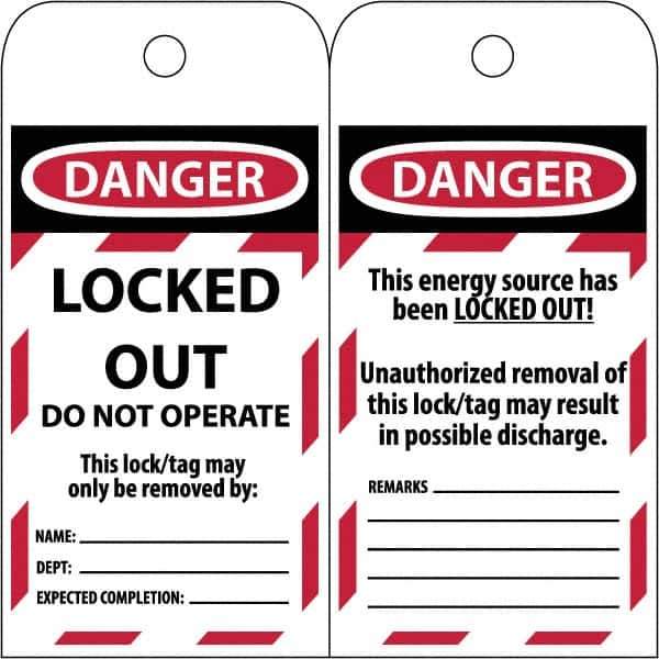 NMC - 3" High x 6" Long, LOCKED OUT - DO NOT OPERATE, English Safety & Facility Lockout Tag - Tag Header: Danger, 2 Sides, Black & Red Poly - Eagle Tool & Supply