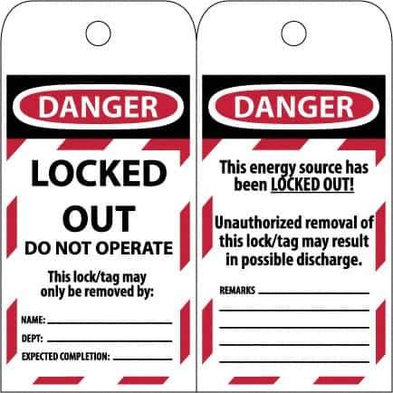 NMC - 3" High x 6" Long, LOCKED OUT - DO NOT OPERATE, English Safety & Facility Lockout Tag - Tag Header: Danger, 2 Sides, Black & Red Poly - Eagle Tool & Supply