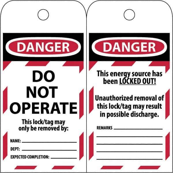 NMC - 3" High x 6" Long, LOCKED OUT - DO NOT OPERATE, English Safety & Facility Lockout Tag - Tag Header: Danger, 2 Sides, Black & Red Poly - Eagle Tool & Supply