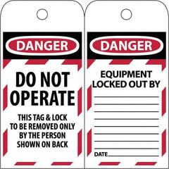 NMC - 3" High x 6" Long, DANGER - DO NOT OPERATE - EQUIPMENT LOCK-OUT - THIS TAG & LOCK TO BE REMOVED ONLY BY THE PERSON SHOWN ON BACK, English Safety & Facility Lockout Tag - Tag Header: Danger, 2 Sides, Black & Red Poly - Eagle Tool & Supply