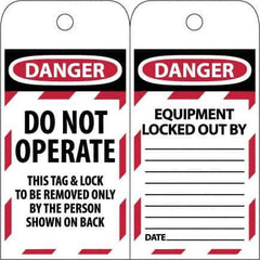 NMC - 3" High x 6" Long, DANGER - DO NOT OPERATE - EQUIPMENT LOCK-OUT - THIS TAG & LOCK TO BE REMOVED ONLY BY THE PERSON SHOWN ON BACK, English Safety & Facility Lockout Tag - Tag Header: Danger, 2 Sides, Black & Red Poly - Eagle Tool & Supply